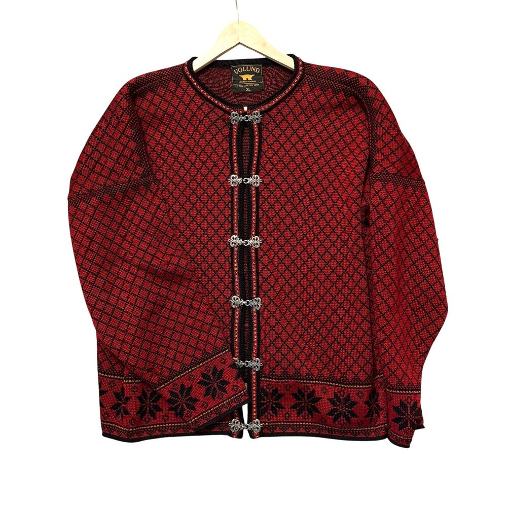 VTG Volund Norway Pure New Lambswool Nordic Cardigan Sweater Red Black XL